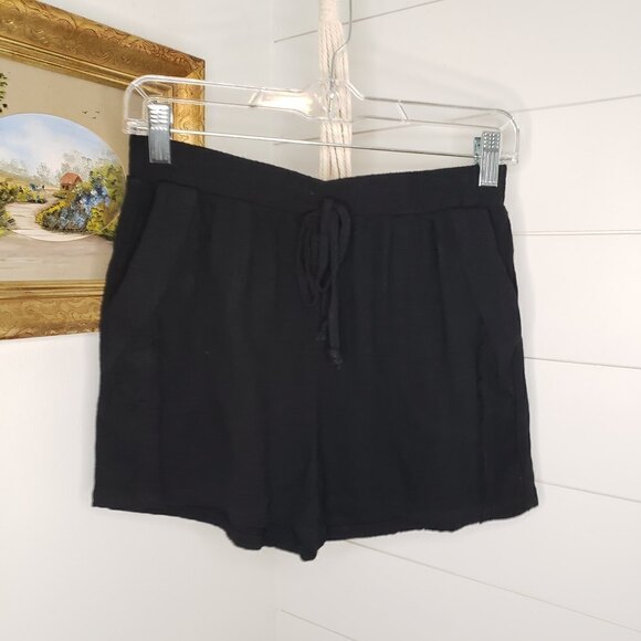 Umgee Black Linen Blend Elastic Waistband & Drawstring Shorts W/ Pockets Small - Picture 2 of 5